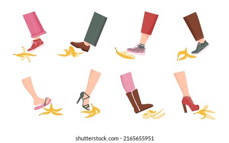 Slip on banana peel. Cartoon comic accident, man and woman persons foot stepping and slipping on banana skin. Vector risk and failure concept set. Characters having misfortune, falling down