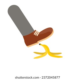 Resbalar en una cáscara de plátano. Pie en un zapato en un plátano, ilustración vectorial