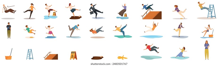 Slip people icons set. People of different ages, occupations and genders slipping and falling down on wet floor