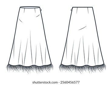 Slip Skirt with Feather Trim technical fashion illustration. Midi Skirt fashion flat technical drawing template, bias cut, side zipper, front and back view, white, women Skirt CAD mockup.