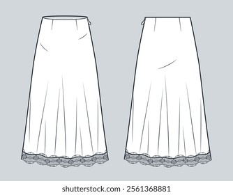 Slip Skirt with Lace Trim technical fashion illustration. Midi Skirt fashion flat technical drawing template, bias cut, side zipper, front and back view, white, women Skirt CAD mockup.