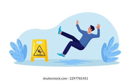 Slip Wet Floor. Inconsiderate Man in Casual Clothes Slips in Puddle and Downfall. Injured Character Stumbling and Falling near Yellow Caution Danger Sign