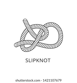 Slipknot - twisted rope line with double lasso loop. Black and white knot instruction, marine type cord tied for knitting or crochet instruction, isolated flat vector illustration