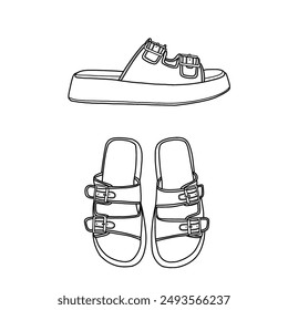 Slip-on sandal open toe with double buckles. Footwear flat color icon set isolated on a white background.