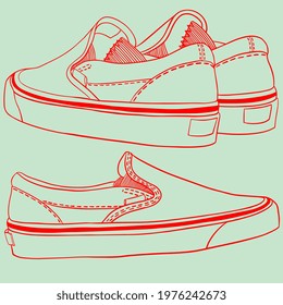 Slip-on. Shoe. Trendy fashion for students. Millennials and zoomers style. Active lifestyle. Cute Hand drawn illustration. Digital art. Transparent icon, isolated on green background. Vector EPS10. 