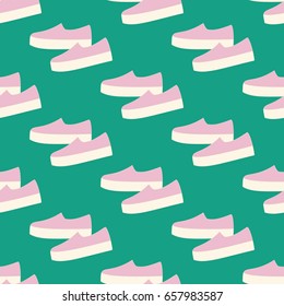 Slipon shoes pattern on the green background. Vector illustration