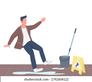 Slipped man flat color vector faceless character. Guy falling near wet floor sign isolated cartoon illustration for web graphic design and animation. Janitorial precaution, slippery surface warning