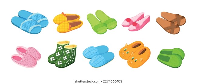 Slipper footwear. Kids home shoes. Fur or fluffy comfortable hotel leg clothing. Summer casual fashion with animal dog and flowers. Vector illustration utter isolated domestic sneakers set