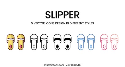 Slipper Icon Design in Fünf-Stil mit Editable Stroke. Linie, feste, flache Linie, Duo Tone Farbe und Farbverlauf Linie. Geeignet für Webpage, Mobile App, UI, UX und GUI Design.