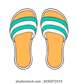 Slipper with stripes icon in cartoon style. Flip flops beach shoes green and yellow color. Vector illustration isolated on a white background.