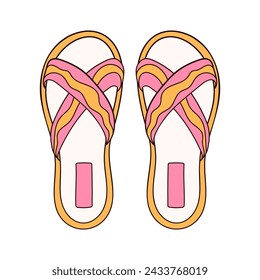 Slipper with wave stripes yellow and pink color icon in cartoon style. Flip-flop female shoes for beach outline symbol. Vector illustration isolated on a white background.