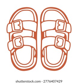 Slippers with buckle fasteners in minimal line illustration, casual home and summer footwear element ideal for packaging, branding and lifestyle concepts
