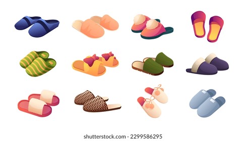 Slippers collection. Cartoon footwear, home and office cozy shoes, feet and legs relaxation comfortable foot wear. Vector isolated set. Cute fluffy home sandals for man and woman, accessory