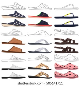 Slippers and flip flops icon. Set vector illustrations. Side view.