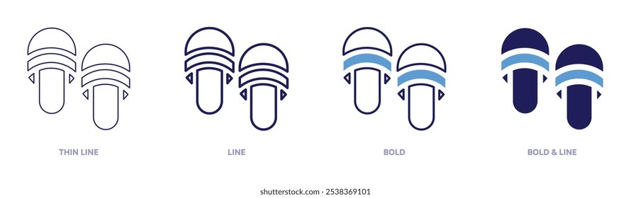 Slippers icon in 4 different styles. Thin Line, Line, Bold, and Bold Line. Duotone style. Editable stroke.