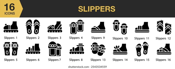 Slippers icon set. Includes Slippers, Sandals, Footwear, Flip Flops, Sandal, and More. Solid icons vector collection.