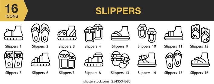 Slippers icon set. Includes Slippers, Sandals, Footwear, Flip Flops, Sandal, and More. Outline icons vector collection.