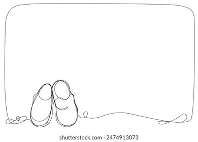 Hausschuhe Linie Kunst Rahmen Rand Illustration. Minimalistische Outline-Hausschuhe Schuhrahmen-Design. Cosy Footwear Sketch Border Canvas. Schwarz-Weiß-Leinwandseitenzeichnung.	