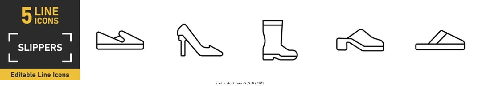 Slippers line icon set. Set of 5 outline icons related to slippers, sandals, shoes, boat shoes, boots and more. Vector illustration.