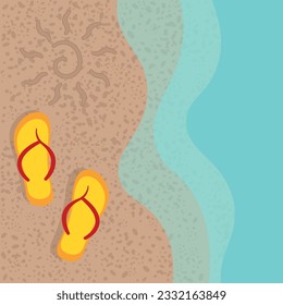 Slippers on the sand. Sun drawing. Beach. Vector.