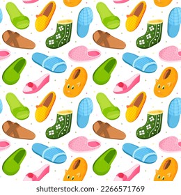 Slippers pattern. Baby fashion house. Children footwear shopping for beauty woman. Cute funny clothing. Home comfort. Cozy shoes. Household soft sneakers. Vector seamless utter texture