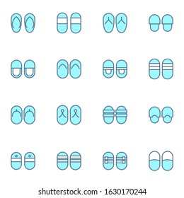 slippers and sandals icon set. simple sandal and slipper blue colored outline icon sign concept. flat sign vector illustration. 