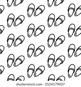 Slippers seamless pattern, flip flops. Doodle outline pattern with slippers isolated on white. Slippers wrapper, wallpaper for bedroom, textiles, decoration, pajama. Drawn adult coloring page, book 