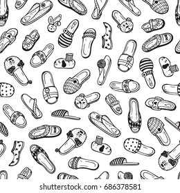 Slippers Seamless pattern. Shoes Vector background. Hand drawn doodle female, male and children's House Slippers