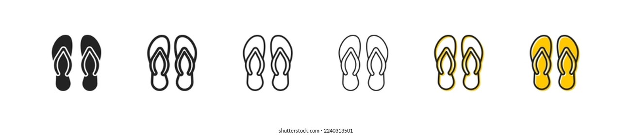 Slippers set icon. Beach shoes, flip flops, footwear, clothes, summer, warm. Footgear concept. Six vector line icon in different styles