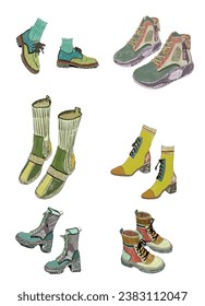 Slippers shoes sneakers items illustration vector fashion clothings boutique store pastel colorful