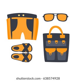 Slippers, shorts, sun glasses and bag in orange colors. Colorful cartoon Illustration