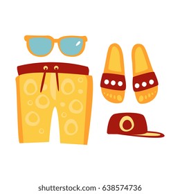 Slippers, shorts, sun glasses and cap in red and yellow colors. Colorful cartoon Illustration