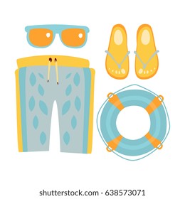 Slippers, shorts, sun glasses and lifebuoy in light blue colors. Colorful cartoon Illustration
