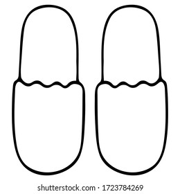 Slippers. Sketch. Unisex domestic wardrobe item. Vector illustration. Doodle style. Outline on isolated background. Cozy shoes for hotel, spa. Coloring book for children. Illustration for web design.