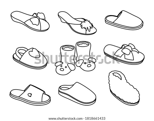 スリッパのスケッチ 家庭用手描きのファッションスニーカー スタイリッシュなサンダルの輪郭 白い背景に落書き靴の画像のベクターイラスト のベクター画像素材 ロイヤリティフリー