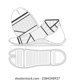 Slippers sneakers for men vector mockup template technical technical line drawing.