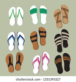 Slippers top view vector set, various sandal illustration