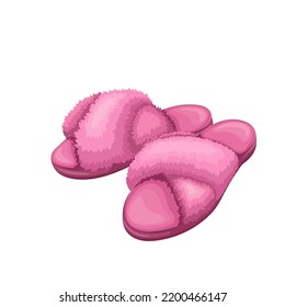 Slippers vector illustration. Cartoon isolated cute bedroom footwear for women feet, fluffy female pink shoes to wear in bedtime at home, funny comfortable slippers with fur for fun pajamas party