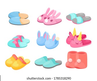 Slippers vector illustration set. Cartoon flat home footwear collection in different colors, comfortable slipper shoes with funny animal head, bow heart decor for man woman or kids isolated on white