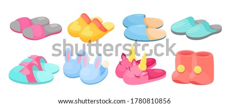 Slippers vector illustration set. Cartoon flat home warm comfortable bedroom shoes for man woman children feet, slipper with fluffy pompon ball, cute animal head, footwear collection isolated on white