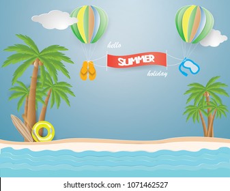 Slipper,Snorkel tied with white rope color balloon on the sky in the Summer season background,paper craft style and Illustration 