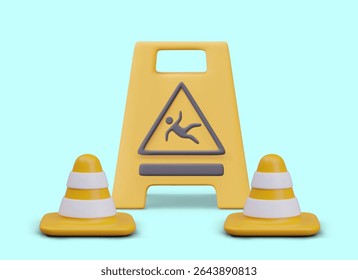 Slippery area warning concept. Vector group in realistic style closeup. Falling man sign, signal bright cones. Composition on blue background. Repair works