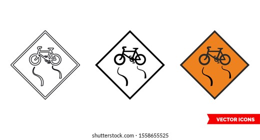Slippery for cyclists roadworks sign icon of 3 types: color, black and white, outline. Isolated vector sign symbol.
