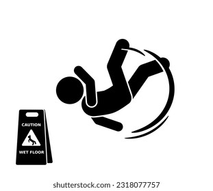 Slippery floor causes stick figure to slip and fall.
