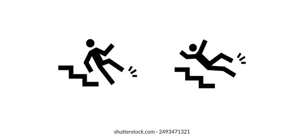 Slippery floor danger icon accident Caution symbols with stick figure man falling. Wet, tripping on stairs, fall down from ladder Workplace safety and injury line and flat icons set, editable stroke 