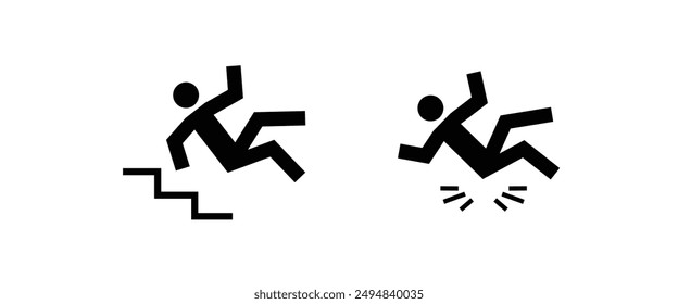 Slippery floor danger icon accident Caution symbols with stick figure man falling. Wet, tripping on stairs, fall down from ladder Workplace safety and injury line and flat icons set, editable stroke 