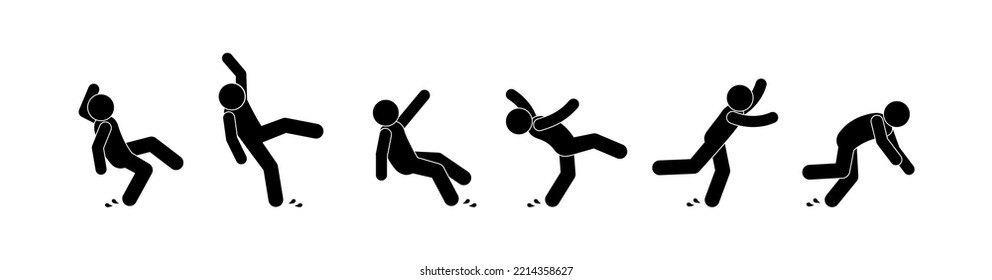 slippery floor illustration, man slipped, warning sign fall, be careful, icons set