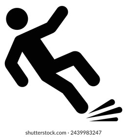 Slippery floor road icon on white background. Falling person black silhouette pictogram. Fall danger accident eps vector sign. Caution wet floor sign.