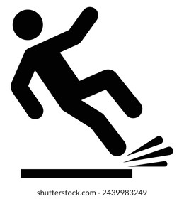 Slippery floor road icon on white background. Falling person black silhouette pictogram. Fall danger accident eps vector sign. Caution wet floor sign.