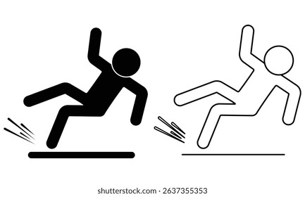 Slippery floor road icon vector design. Silhouette of  Man slipped on slippery floor,  falling person black icon silhouette pictogram. Vector illustration.